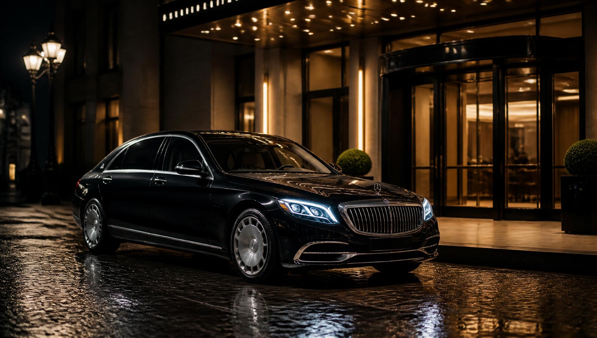 Professional chauffeur with luxury Mercedes at a London hotel