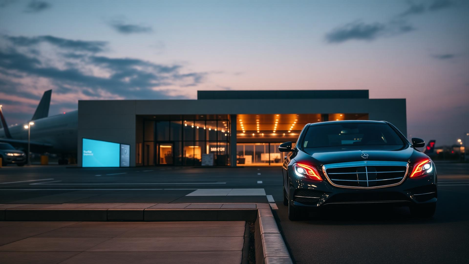 Luxury chauffeur car outside airport terminal at dusk